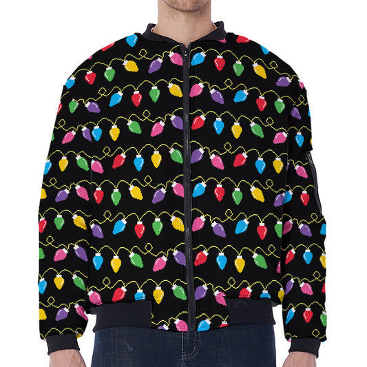 Pixel Christmas Lights Print Zip Sleeve Bomber Jacket