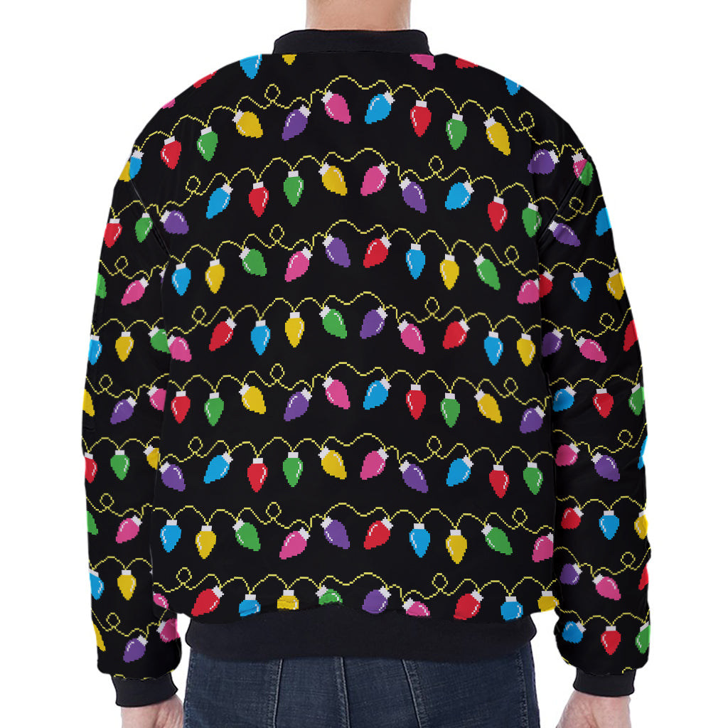 Pixel Christmas Lights Print Zip Sleeve Bomber Jacket