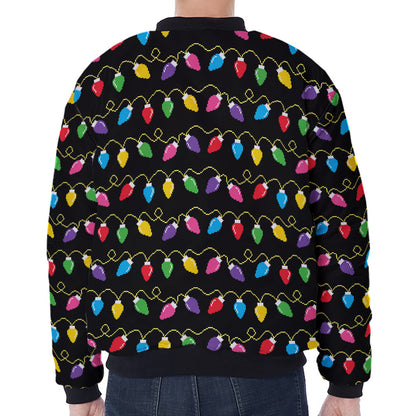 Pixel Christmas Lights Print Zip Sleeve Bomber Jacket