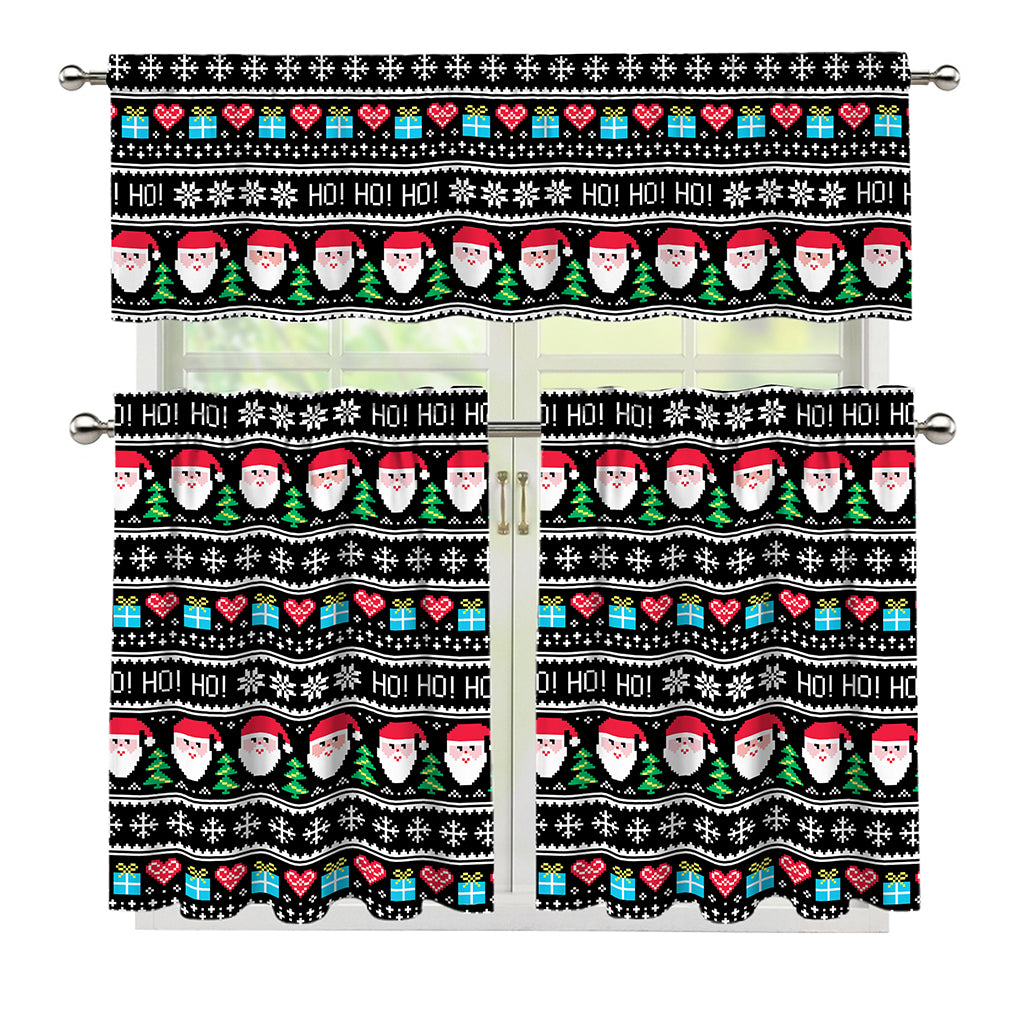 Pixel Christmas Santa Claus Print 3 Piece Kitchen Curtains