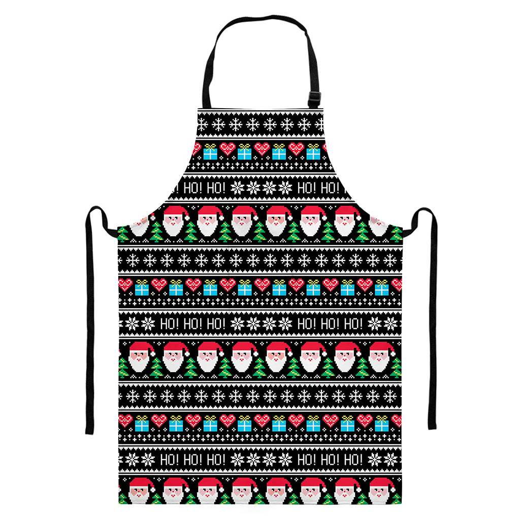 Pixel Christmas Santa Claus Print Bib Apron With Pocket