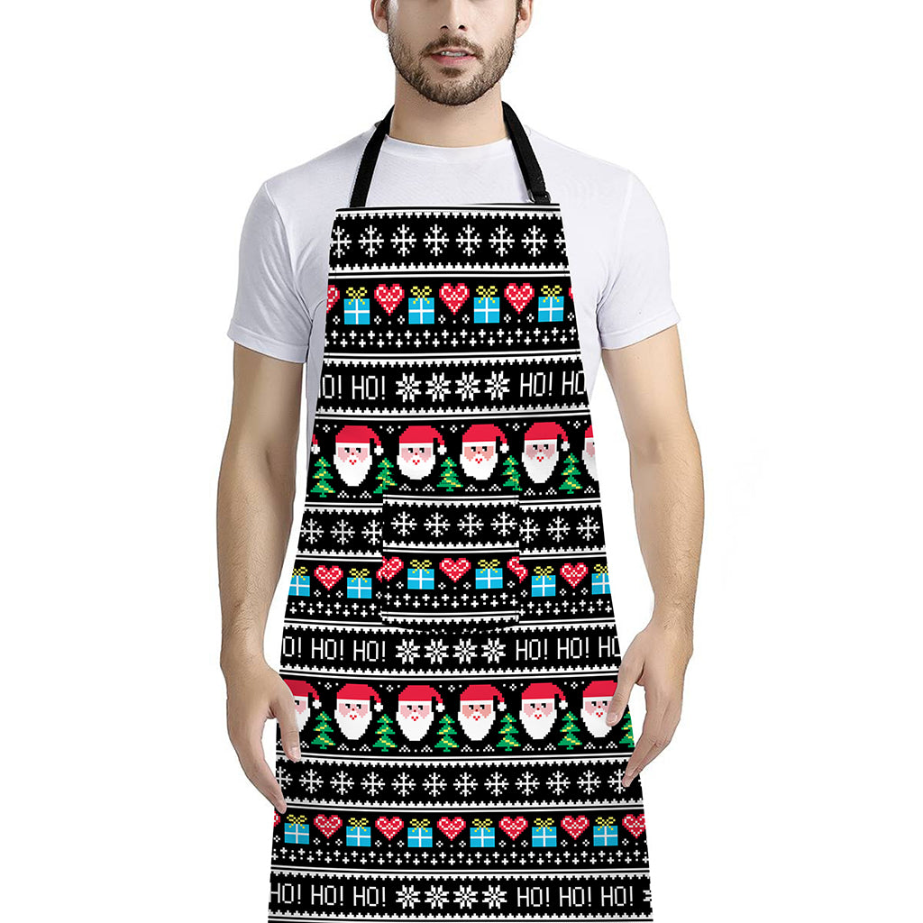 Pixel Christmas Santa Claus Print Bib Apron With Pocket