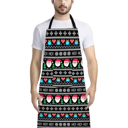 Pixel Christmas Santa Claus Print Bib Apron With Pocket