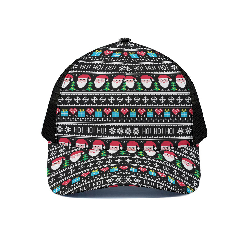 Pixel Christmas Santa Claus Print Black Mesh Trucker Cap