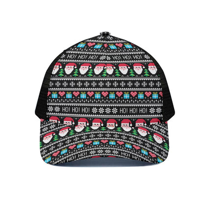 Pixel Christmas Santa Claus Print Black Mesh Trucker Cap
