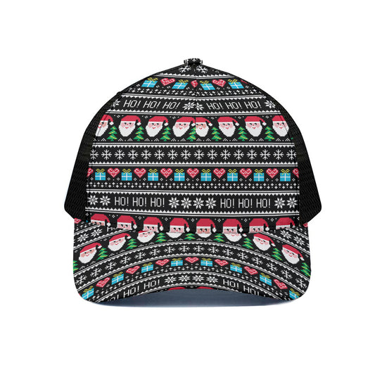 Pixel Christmas Santa Claus Print Black Mesh Trucker Cap