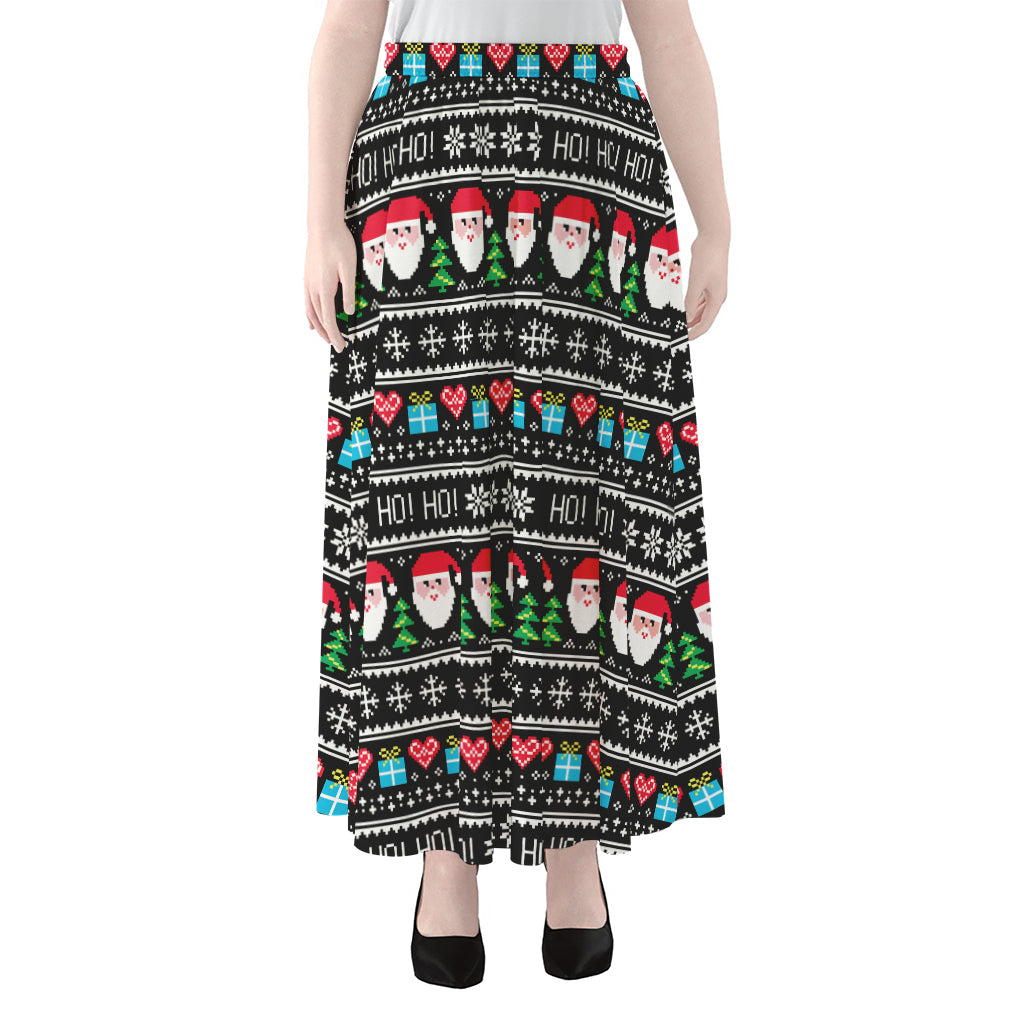 Pixel Christmas Santa Claus Print Chiffon Maxi Skirt