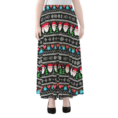 Pixel Christmas Santa Claus Print Chiffon Maxi Skirt