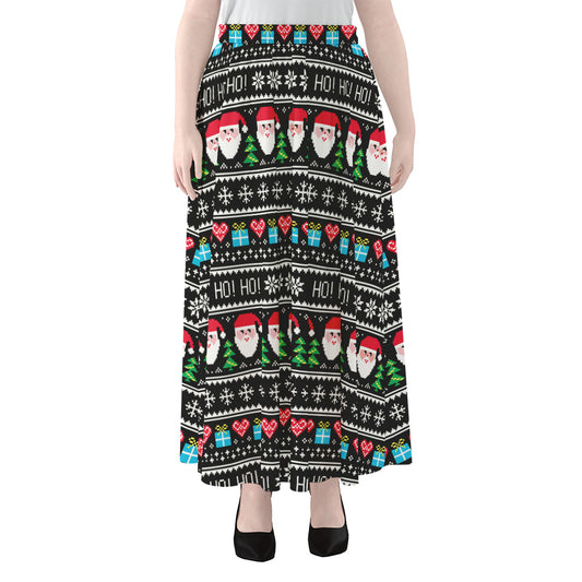 Pixel Christmas Santa Claus Print Chiffon Maxi Skirt