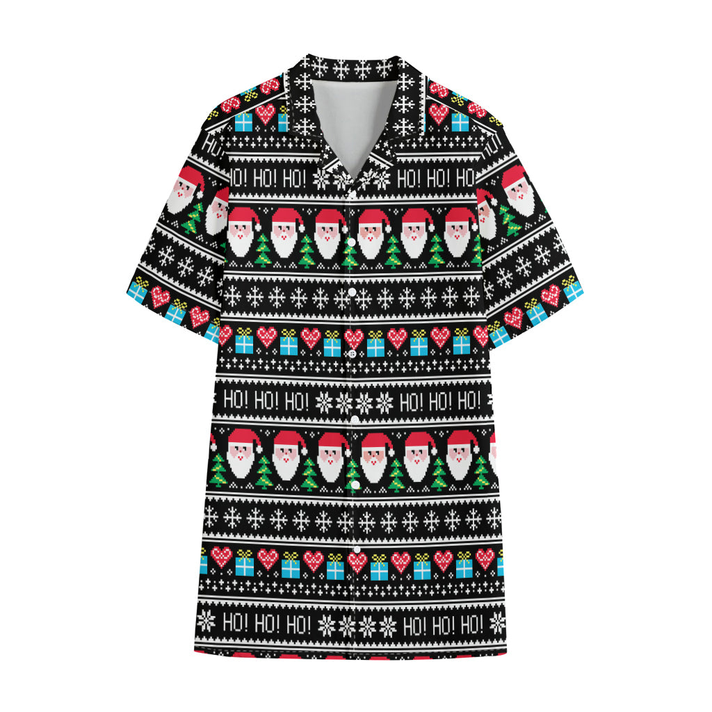Pixel Christmas Santa Claus Print Cotton Hawaiian Shirt