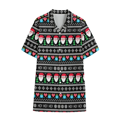 Pixel Christmas Santa Claus Print Cotton Hawaiian Shirt