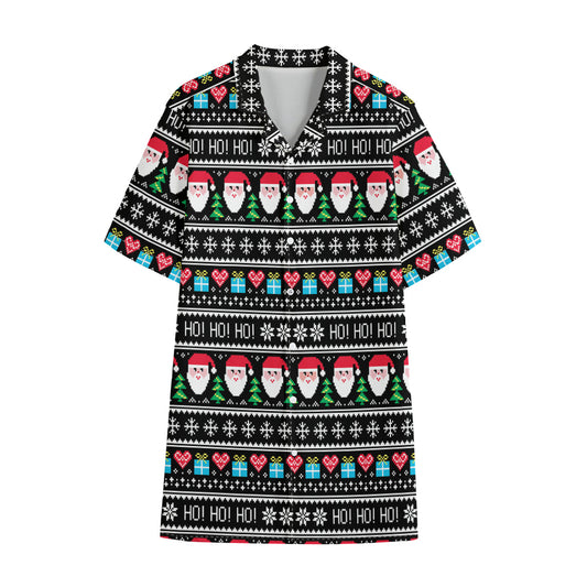 Pixel Christmas Santa Claus Print Cotton Hawaiian Shirt