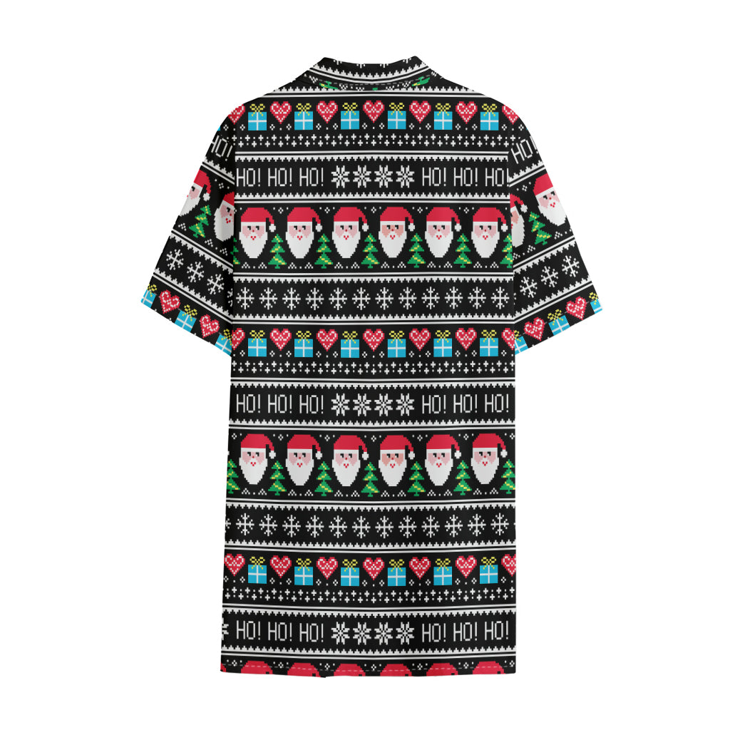 Pixel Christmas Santa Claus Print Cotton Hawaiian Shirt