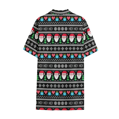 Pixel Christmas Santa Claus Print Cotton Hawaiian Shirt