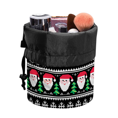 Pixel Christmas Santa Claus Print Drawstring Makeup Bag
