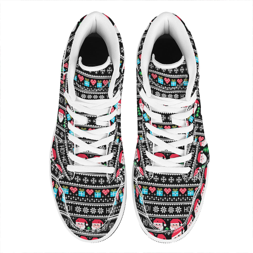 Pixel Christmas Santa Claus Print High Top Leather Sneakers