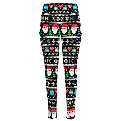 Pixel Christmas Santa Claus Print High-Waisted Pocket Leggings