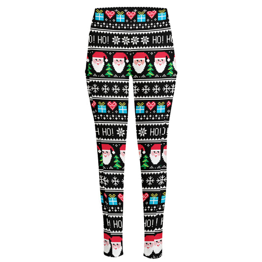 Pixel Christmas Santa Claus Print High-Waisted Pocket Leggings