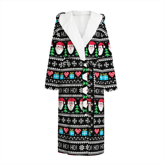 Pixel Christmas Santa Claus Print Hooded Bathrobe