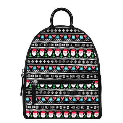 Pixel Christmas Santa Claus Print Leather Backpack