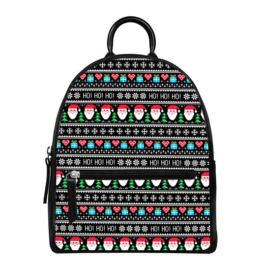 Pixel Christmas Santa Claus Print Leather Backpack