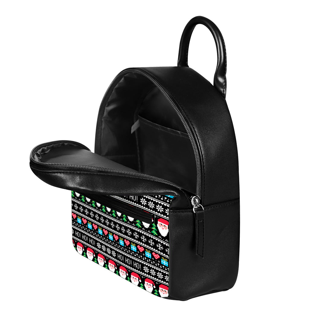Pixel Christmas Santa Claus Print Leather Backpack