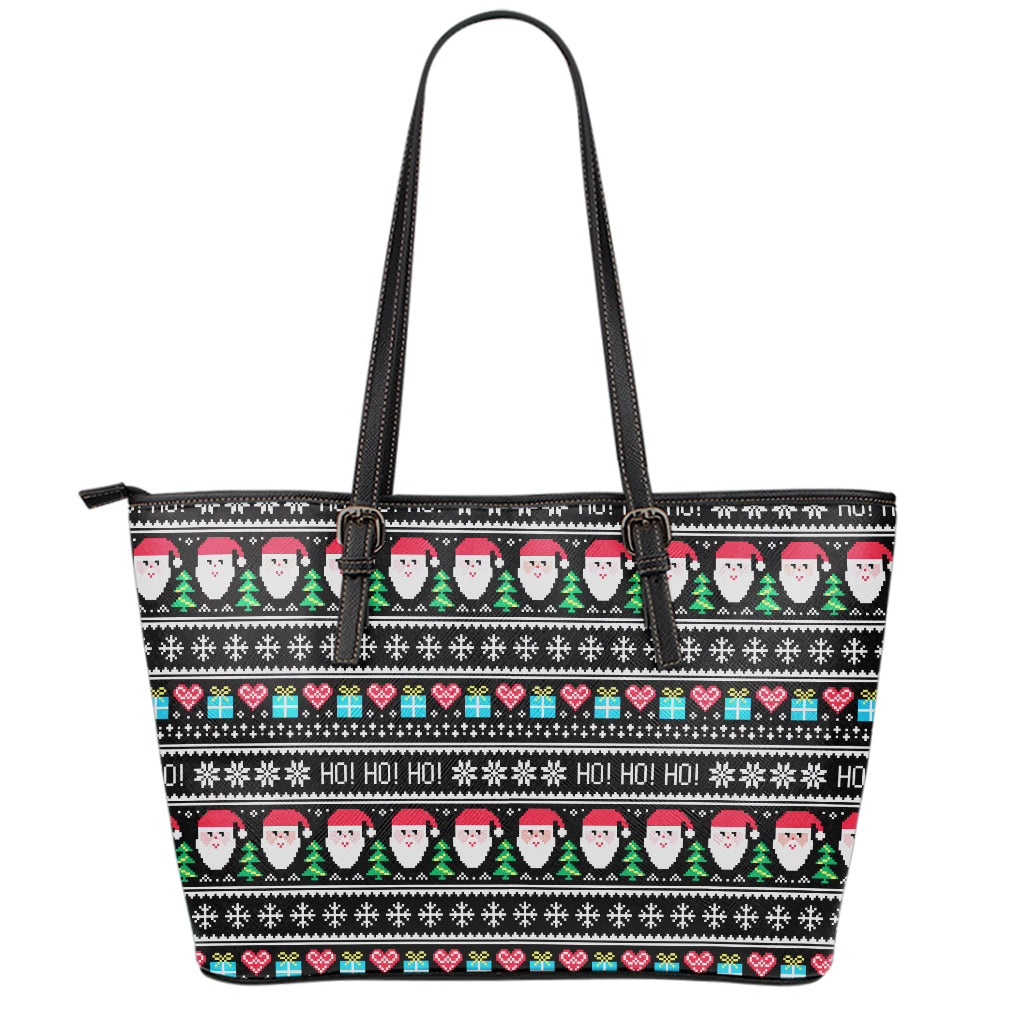 Pixel Christmas Santa Claus Print Leather Tote Bag