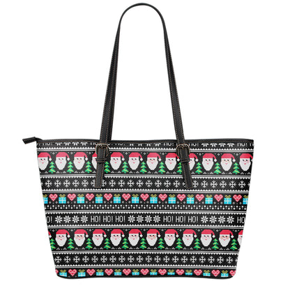 Pixel Christmas Santa Claus Print Leather Tote Bag