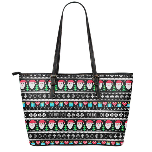 Pixel Christmas Santa Claus Print Leather Tote Bag