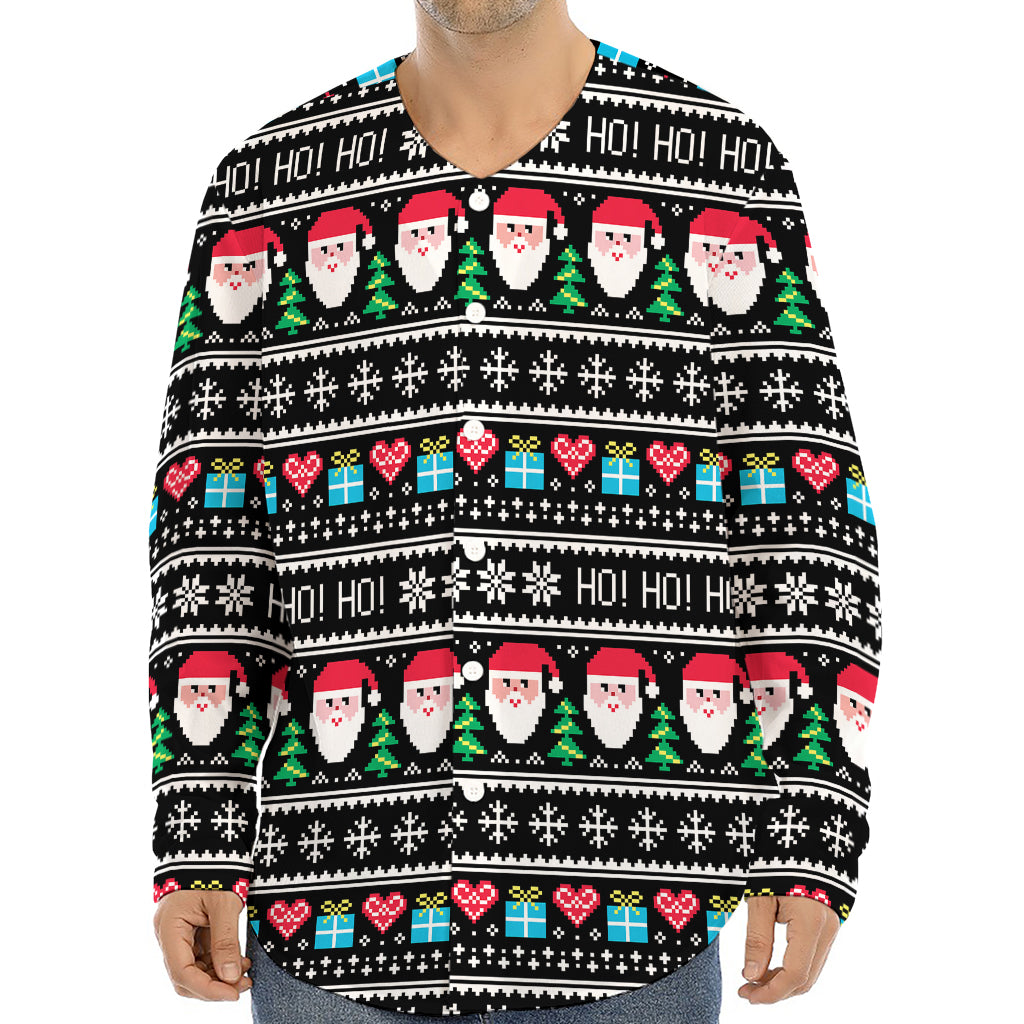Pixel Christmas Santa Claus Print Long Sleeve Baseball Jersey