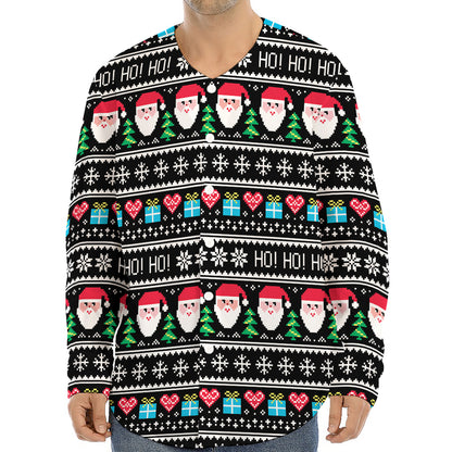 Pixel Christmas Santa Claus Print Long Sleeve Baseball Jersey