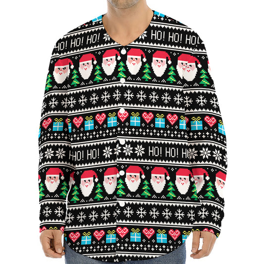 Pixel Christmas Santa Claus Print Long Sleeve Baseball Jersey