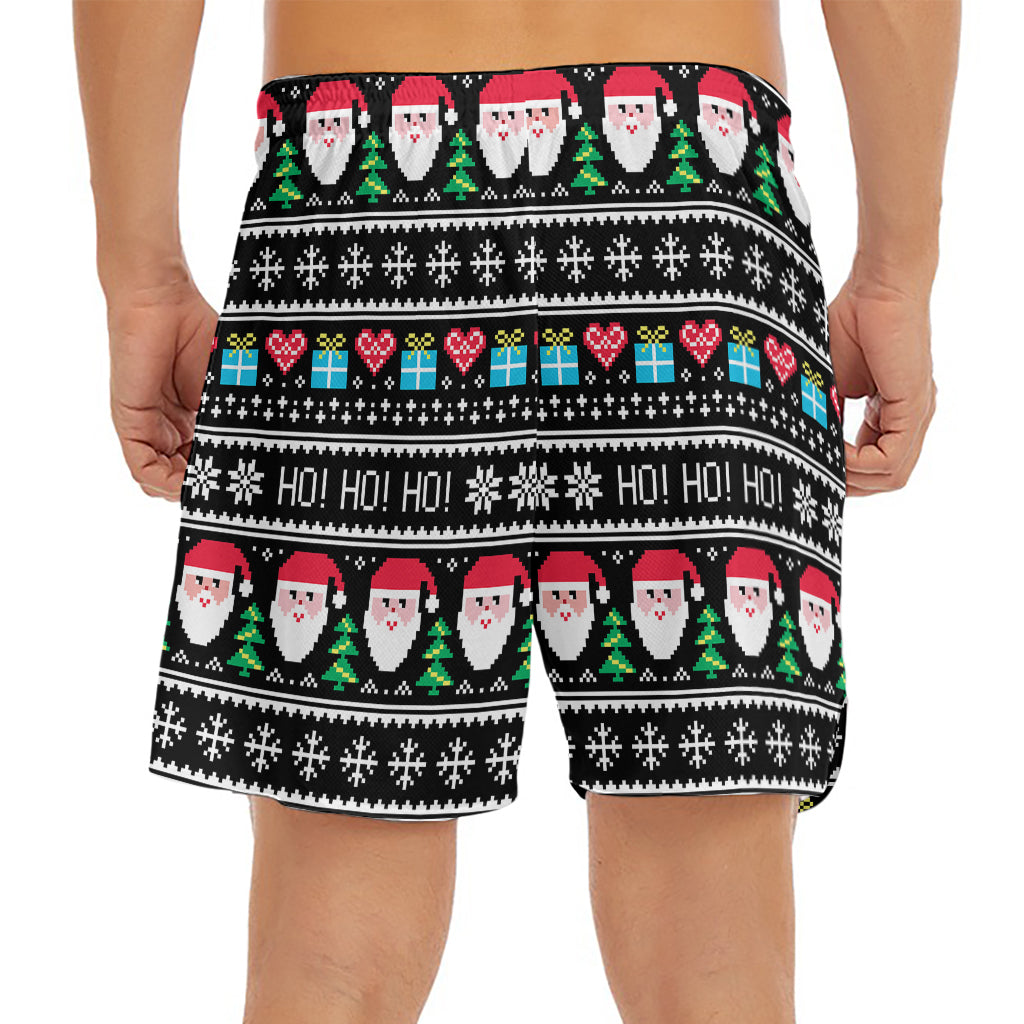 Pixel Christmas Santa Claus Print Men's Split Running Shorts