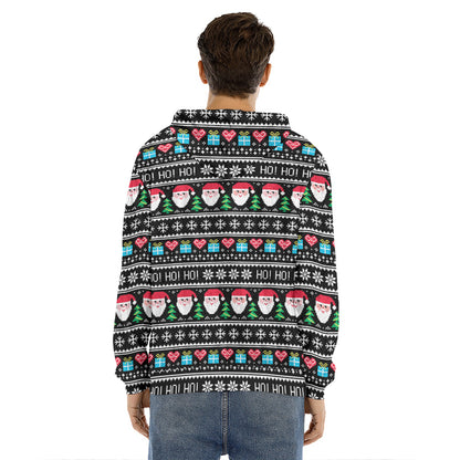 Pixel Christmas Santa Claus Print Men's Velvet Pullover Hoodie