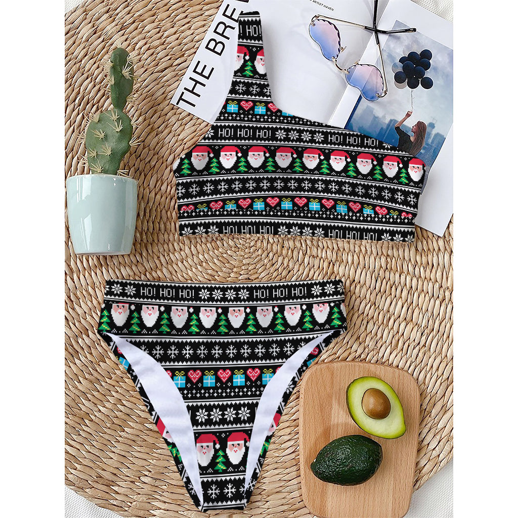 Pixel Christmas Santa Claus Print One Shoulder Bikini Top