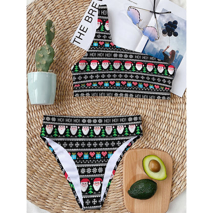 Pixel Christmas Santa Claus Print One Shoulder Bikini Top