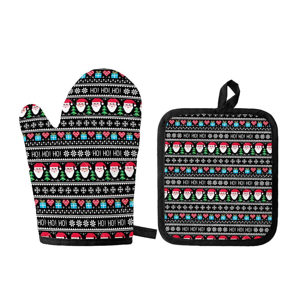 Pixel Christmas Santa Claus Print Oven Mitt And Pot Holder Set