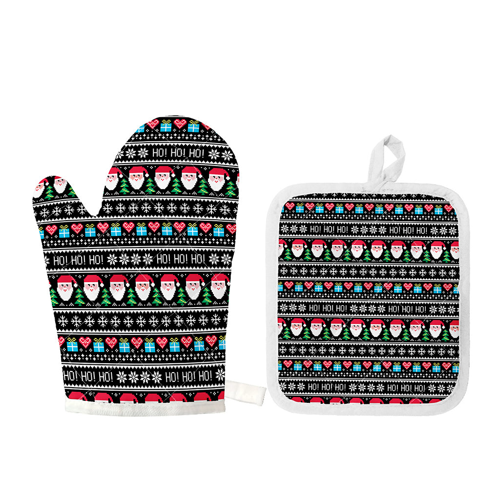 Pixel Christmas Santa Claus Print Oven Mitt And Pot Holder Set