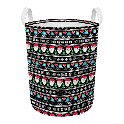Pixel Christmas Santa Claus Print Round Laundry Basket
