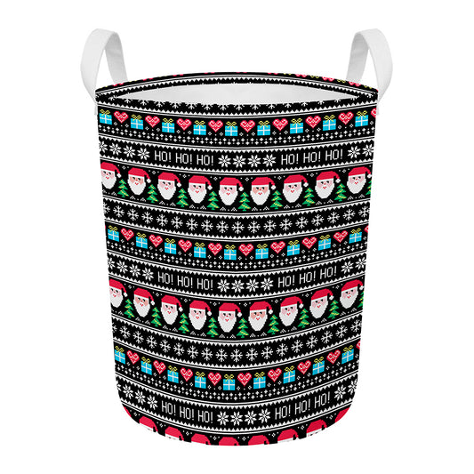 Pixel Christmas Santa Claus Print Round Laundry Basket