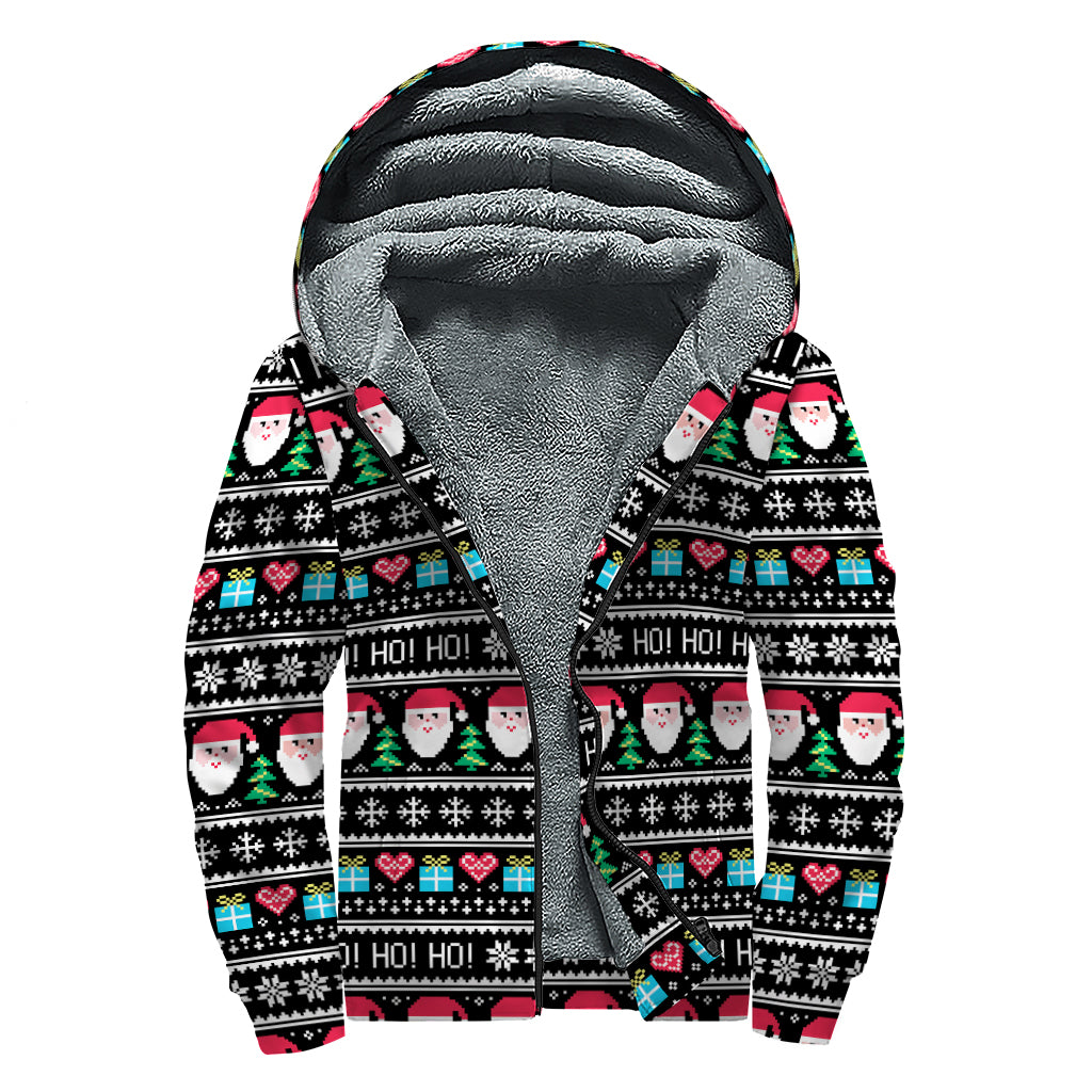 Pixel Christmas Santa Claus Print Sherpa Lined Zip Up Hoodie