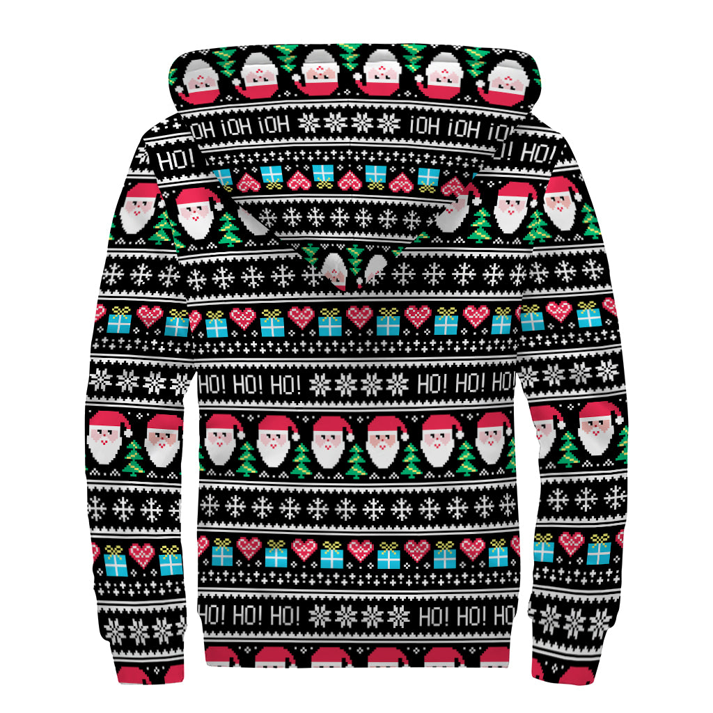 Pixel Christmas Santa Claus Print Sherpa Lined Zip Up Hoodie