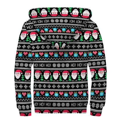 Pixel Christmas Santa Claus Print Sherpa Lined Zip Up Hoodie