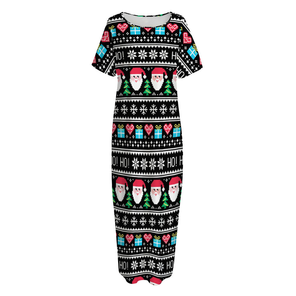 Pixel Christmas Santa Claus Print Short Sleeve Long Nightdress