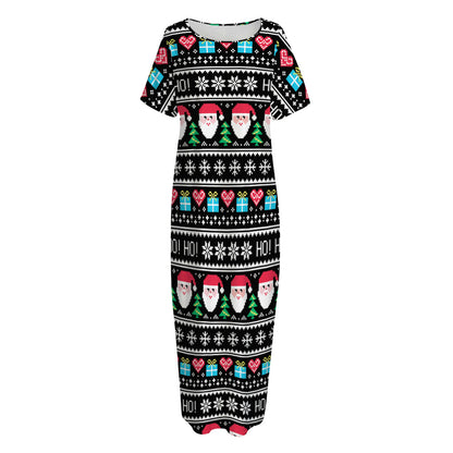 Pixel Christmas Santa Claus Print Short Sleeve Long Nightdress