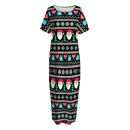 Pixel Christmas Santa Claus Print Short Sleeve Long Nightdress