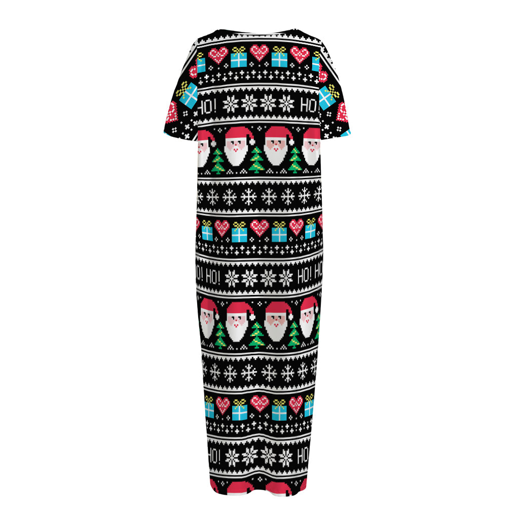 Pixel Christmas Santa Claus Print Short Sleeve Long Nightdress