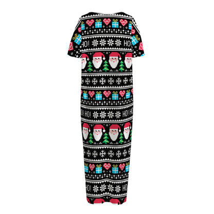 Pixel Christmas Santa Claus Print Short Sleeve Long Nightdress