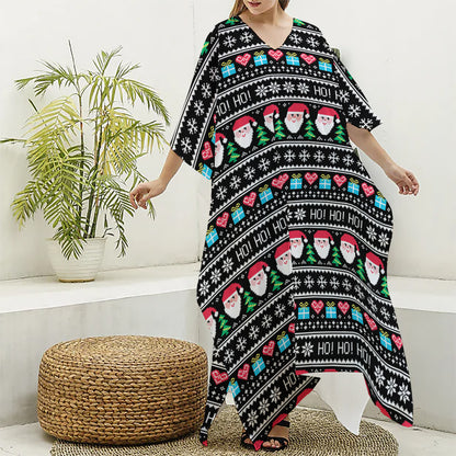 Pixel Christmas Santa Claus Print Silk V-Neck Kaftan Dress
