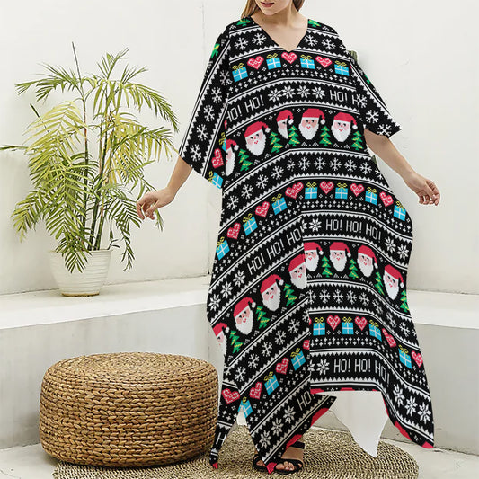 Pixel Christmas Santa Claus Print Silk V-Neck Kaftan Dress